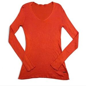Akris Seamless Rib Wool Blend V Neck Sweater Burnt Orange Sz S